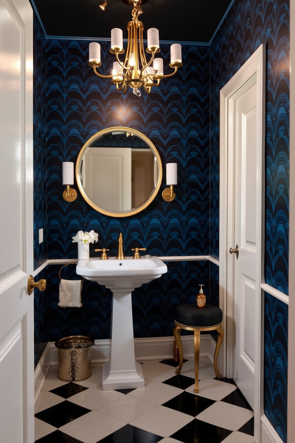 A vintage powder room features elegant towel racks with intricate designs and hooks for hanging towels. The walls are adorned with floral wallpaper, and a classic pedestal sink complements the vintage aesthetic.