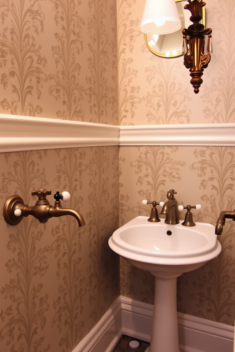 A vintage powder room featuring a retro-style shower curtain adorned with colorful prints. The walls are painted in soft pastel tones, complemented by antique fixtures and a classic pedestal sink.