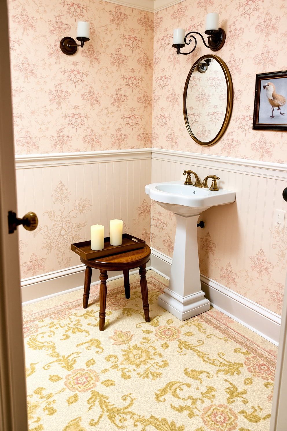 A vintage powder room with classic black and white tile flooring. The walls are adorned with elegant wallpaper featuring subtle floral patterns, creating a timeless atmosphere.