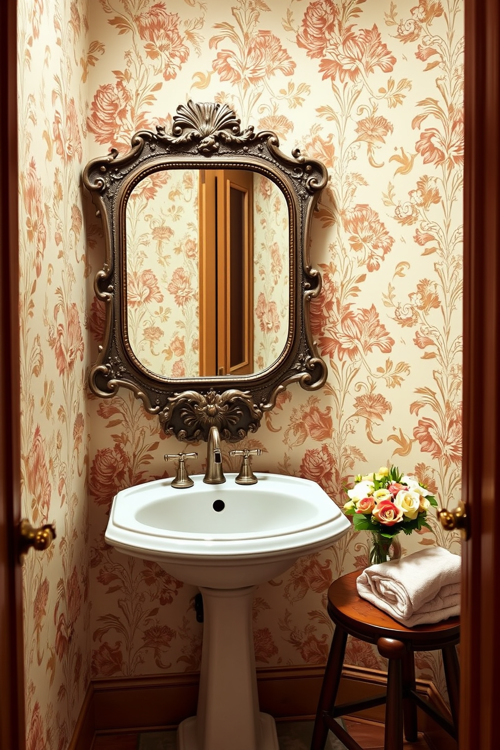 A vintage clawfoot tub takes center stage in a charming powder room. The walls are adorned with floral wallpaper in soft pastel colors, and an ornate chandelier hangs above, casting a warm glow. Antique fixtures in polished brass complement the tub, while a small wooden side table holds elegant toiletries. A plush rug in muted tones lies beneath, adding a touch of comfort to the space.