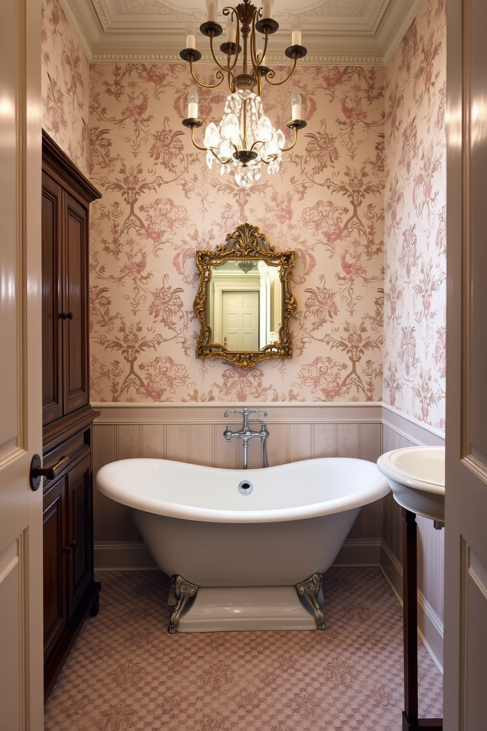 A stylish freestanding mirror with an elegant stand is the focal point of the vintage powder room. The walls are adorned with intricate wallpaper featuring floral patterns, and a small chandelier hangs from the ceiling, casting a warm glow over the space. A vintage pedestal sink with classic fixtures complements the overall design. The floor is covered in black and white checkered tiles, and a plush area rug adds a touch of comfort underfoot.