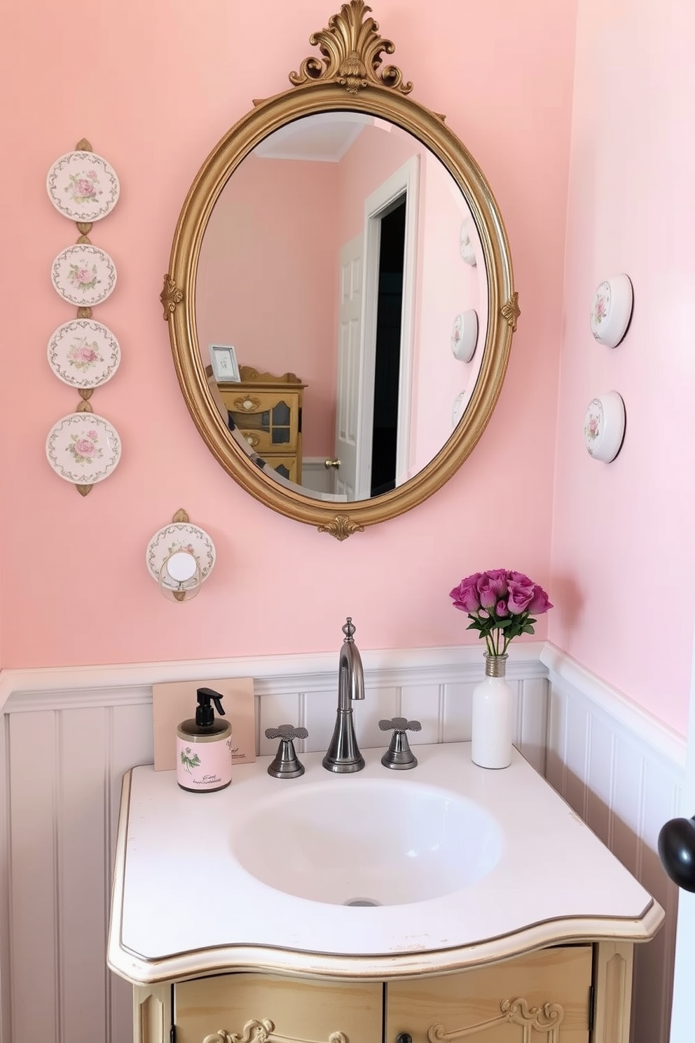 A charming vintage powder room features an old-fashioned scale placed elegantly on a wooden shelf. The walls are adorned with delicate floral wallpaper, and a classic pedestal sink adds to the nostalgic ambiance.