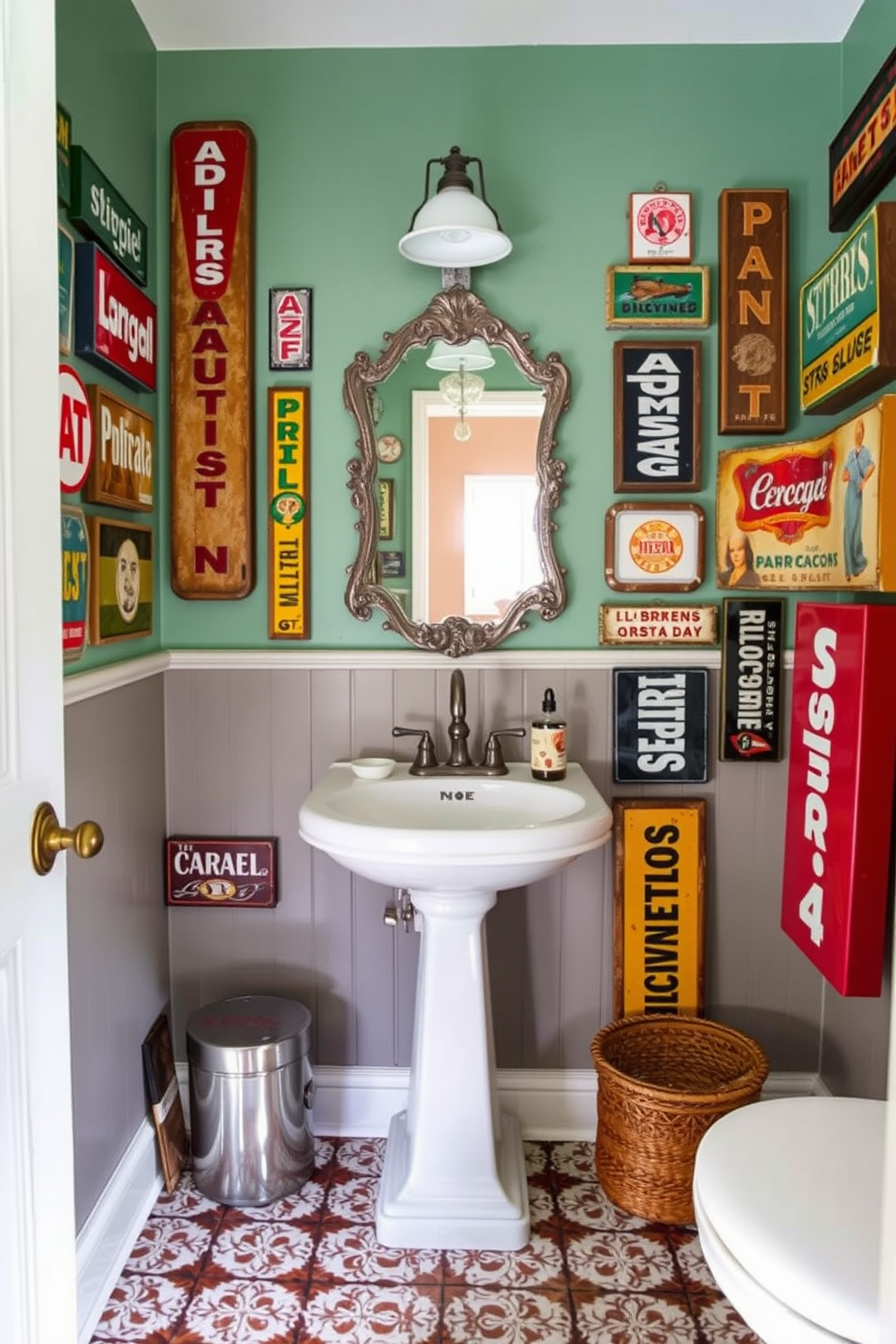 Charming floral arrangements in vases adorn a vintage powder room filled with character. The walls are painted in soft pastel hues, and intricate wallpaper adds a touch of elegance. Antique fixtures complement the design, featuring a delicate pedestal sink and a classic mirror with ornate detailing. Fresh flowers in a variety of colors are artfully arranged in glass vases, enhancing the room's inviting atmosphere.