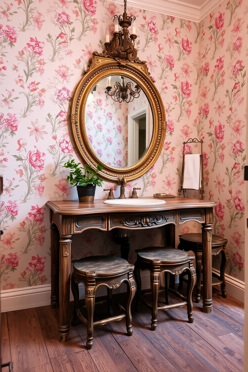 A vintage-inspired powder room features elegant wall sconces that cast a warm glow across the space. The sconces are adorned with intricate metalwork and frosted glass shades, adding a touch of classic charm to the room. The walls are painted in a soft pastel hue, complemented by a beautifully patterned wallpaper that enhances the vintage aesthetic. A small antique vanity with a marble top sits beneath the sconces, creating a perfect focal point for this charming powder room design.