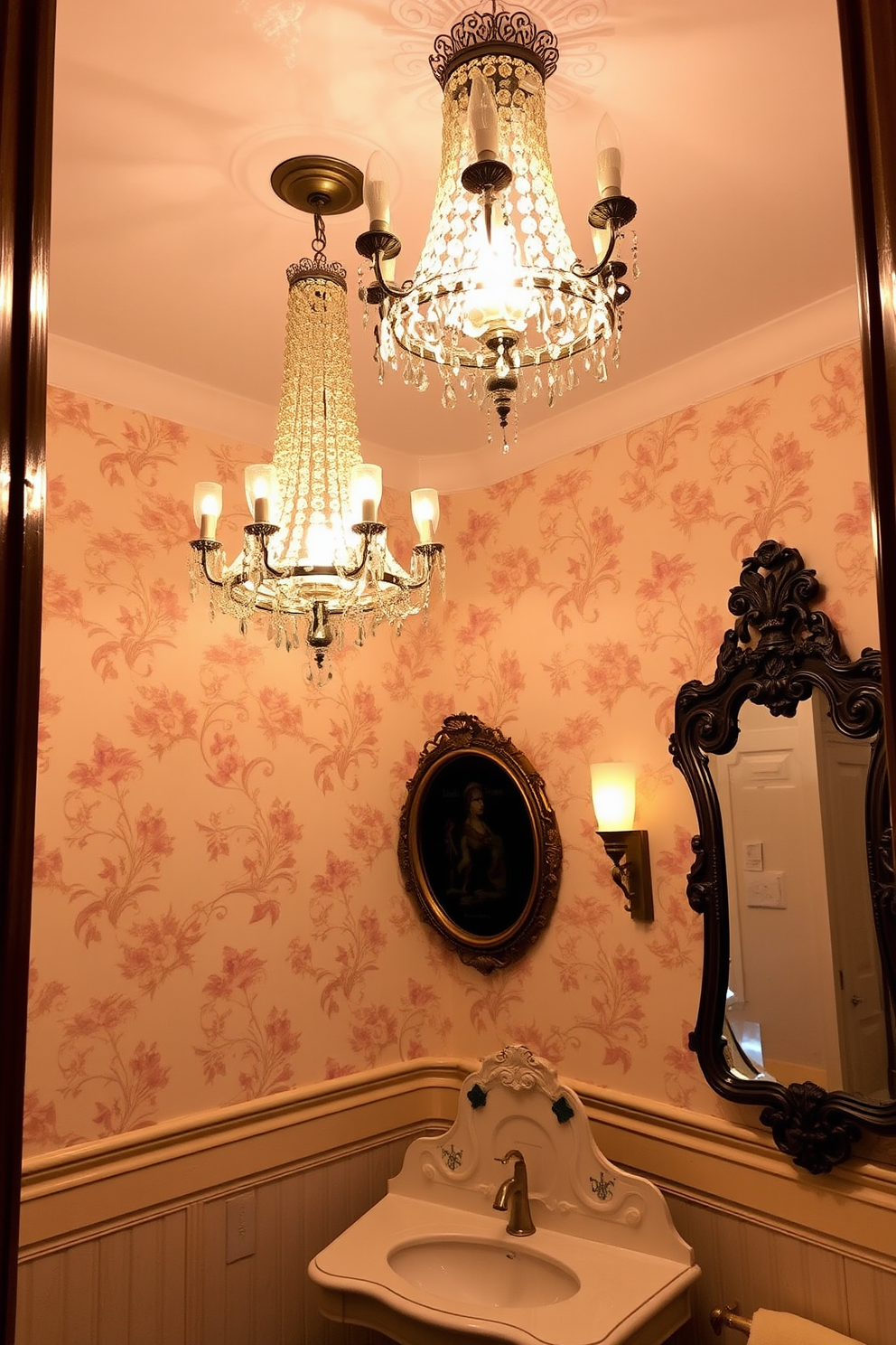 A charming vintage powder room features an antique side table with intricate carvings, providing both elegance and storage options. The walls are adorned with floral wallpaper, and a small vintage lamp sits on the side table, casting a warm glow.