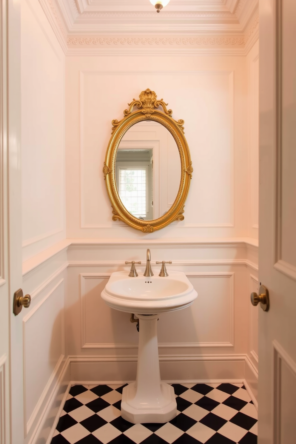 A vintage powder room featuring classic beadboard paneling that adds character to the space. The room is adorned with a charming pedestal sink and an ornate mirror, complemented by soft, warm lighting.