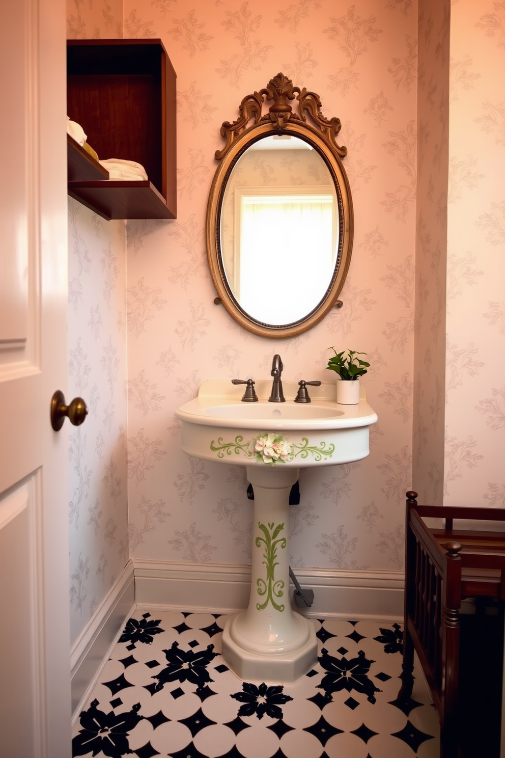 A vintage powder room features retro wallpaper adorned with bold geometric designs that create a striking visual impact. The space is accented with a classic pedestal sink and a round mirror framed in antique gold, adding a touch of elegance to the nostalgic theme.