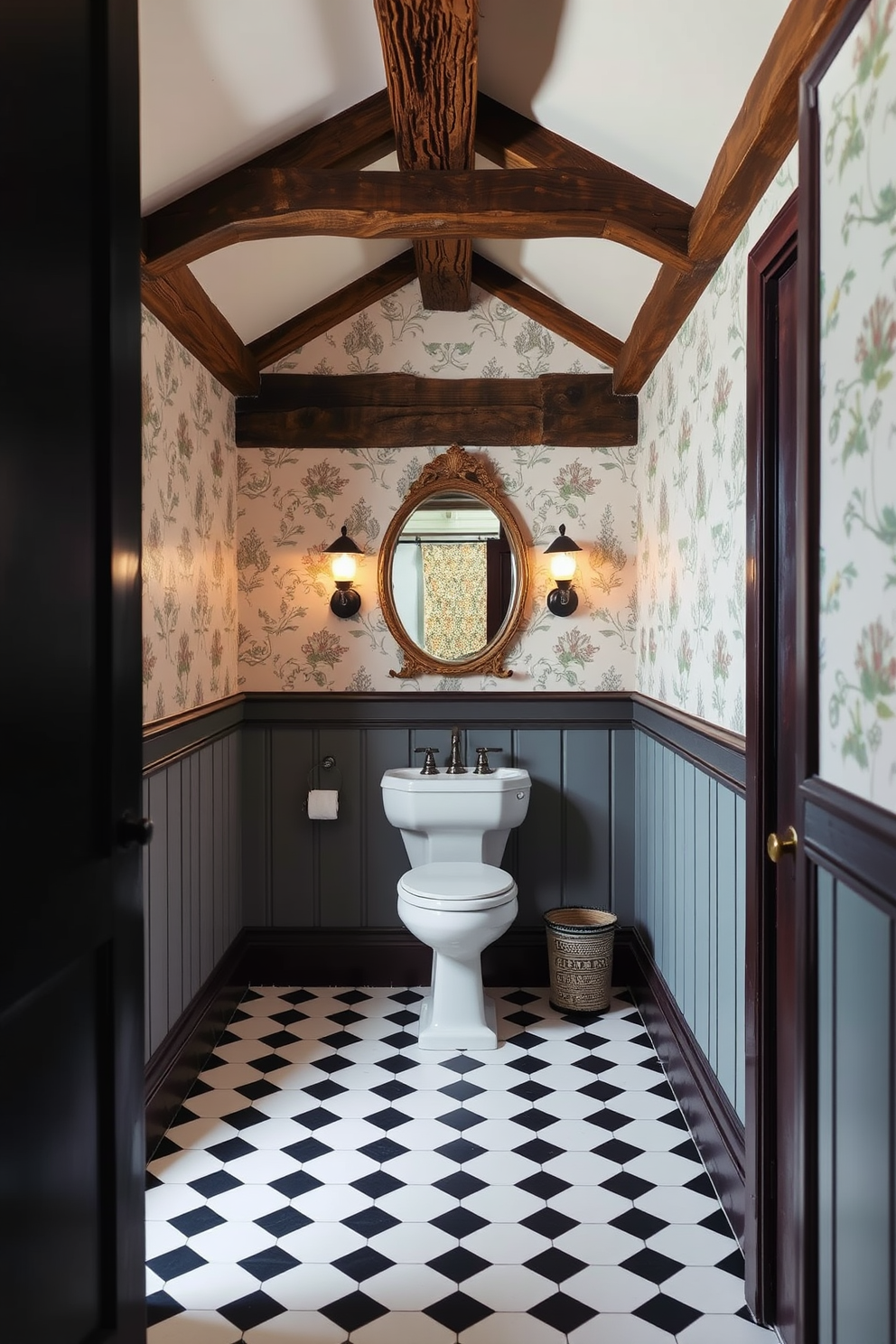 An elegant chandelier hangs gracefully from the ceiling, casting a warm glow over the vintage powder room. The walls are adorned with intricate wallpaper featuring floral patterns, complemented by a classic pedestal sink and ornate fixtures. Richly stained wood accents provide a timeless touch, while a plush area rug adds comfort underfoot. Antique mirrors and decorative sconces enhance the room's charm, creating a sophisticated atmosphere.