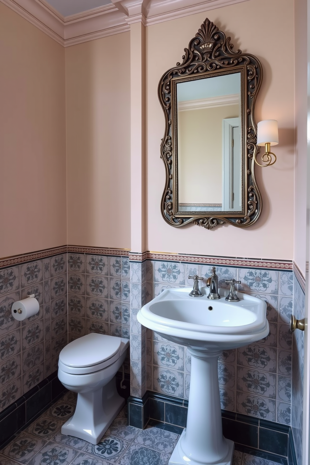 A cozy vintage powder room featuring delicate floral wallpaper in soft pastel colors. The space includes a vintage pedestal sink with a classic chrome faucet and a round mirror with an ornate frame above it. The walls are adorned with vintage inspired artwork, showcasing nature scenes in muted tones. A small wooden stool is placed next to the sink, topped with a vintage-style towel and a decorative soap dish.