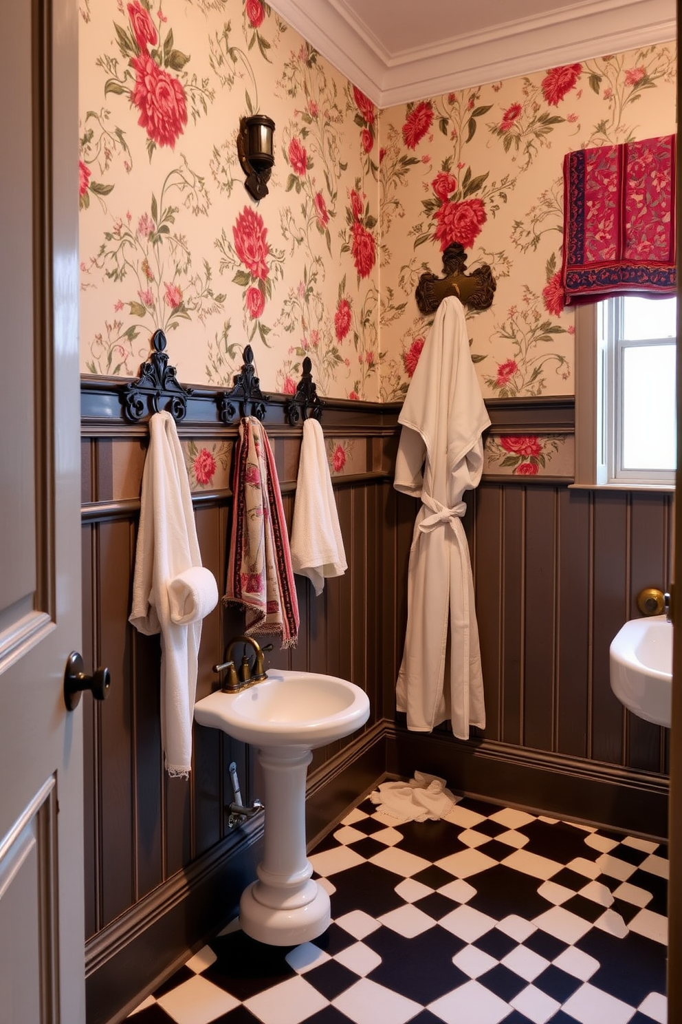 A vintage powder room featuring soft rugs with intricate vintage patterns on the floor. The walls are adorned with pastel wallpaper, and a classic pedestal sink is centered in the space.