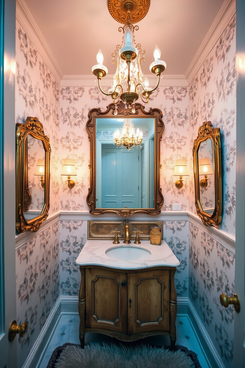 A vintage powder room featuring soft pastel walls in shades of blush and mint. The space includes a delicate pedestal sink with intricate detailing and a charming round mirror framed in antique gold. A vintage-inspired light fixture hangs gracefully from the ceiling, casting a warm glow. Lush greenery in decorative pots adds a refreshing touch to the overall ambiance.