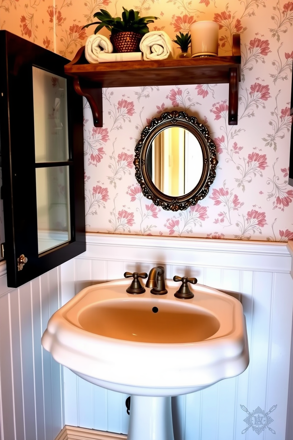 Classic wainscoting lines the walls of a vintage powder room, creating an elegant and timeless atmosphere. The color palette features soft pastels that complement the intricate details of the wainscoting, enhancing the overall charm of the space. A vintage pedestal sink sits gracefully in the corner, adorned with antique brass fixtures that add a touch of sophistication. Delicate floral wallpaper surrounds the sink, while a small round mirror with an ornate frame reflects the room's classic elegance.