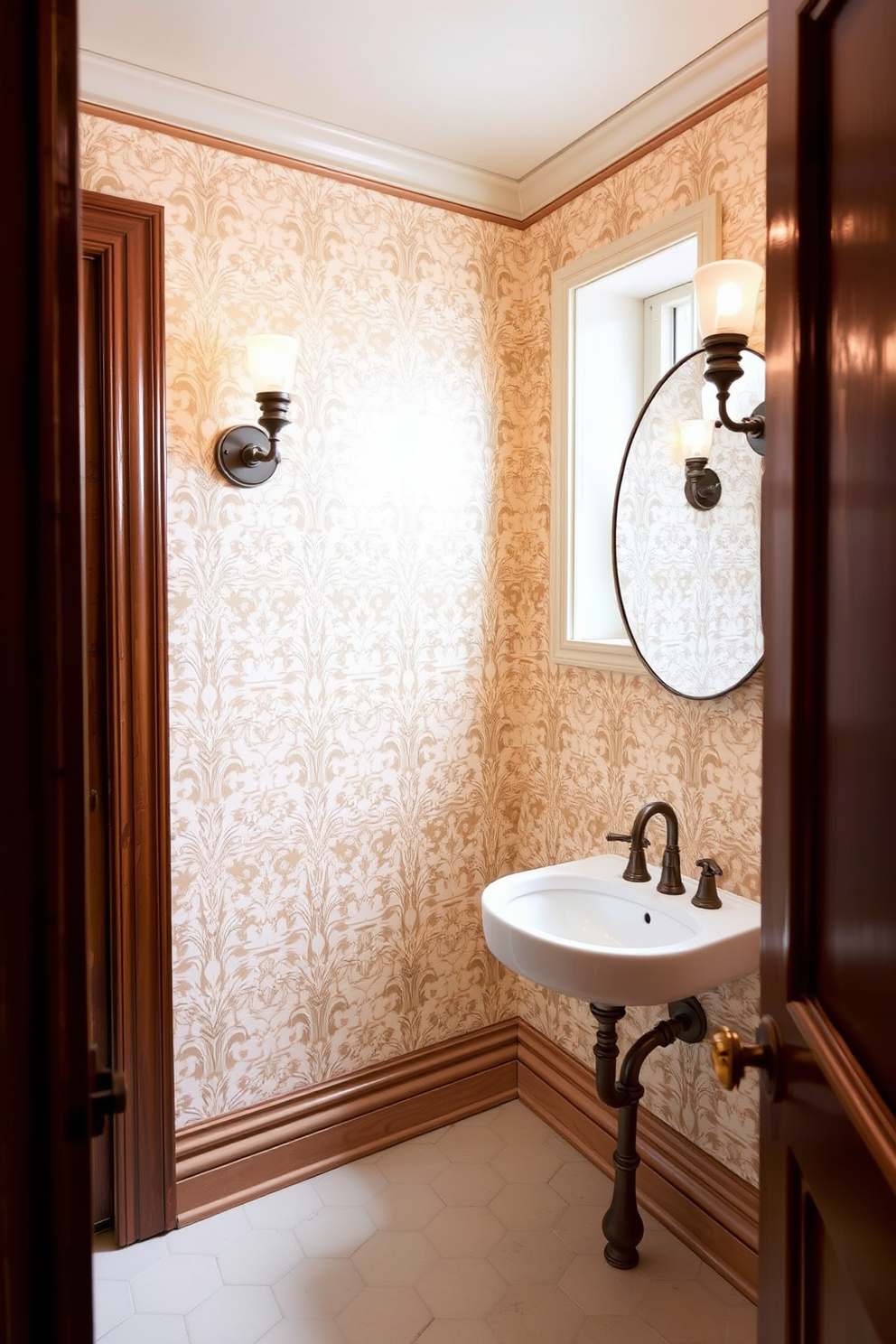 A vintage powder room exuding charm with old-fashioned light fixtures casting a warm glow. The walls are adorned with intricate wallpaper featuring floral patterns, and a pedestal sink adds a classic touch.