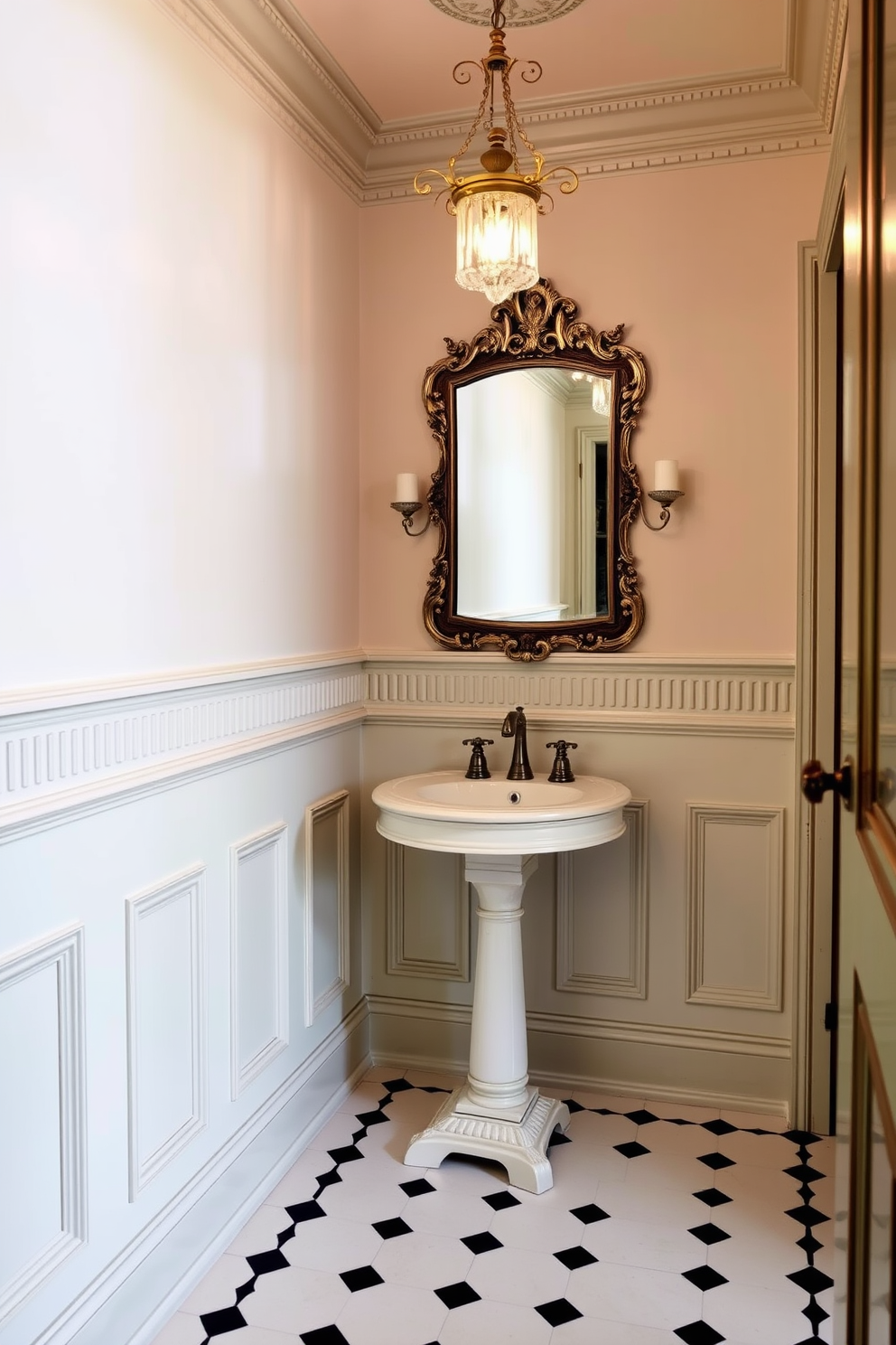 A rustic wooden vanity with a distressed finish sits against the wall, showcasing intricate carvings that add character. The powder room features warm earth tones with a vintage mirror framed in aged brass hanging above the vanity. Soft lighting from an antique-style sconce casts a warm glow, enhancing the cozy atmosphere. A patterned area rug lies beneath the vanity, complementing the rustic charm of the space.