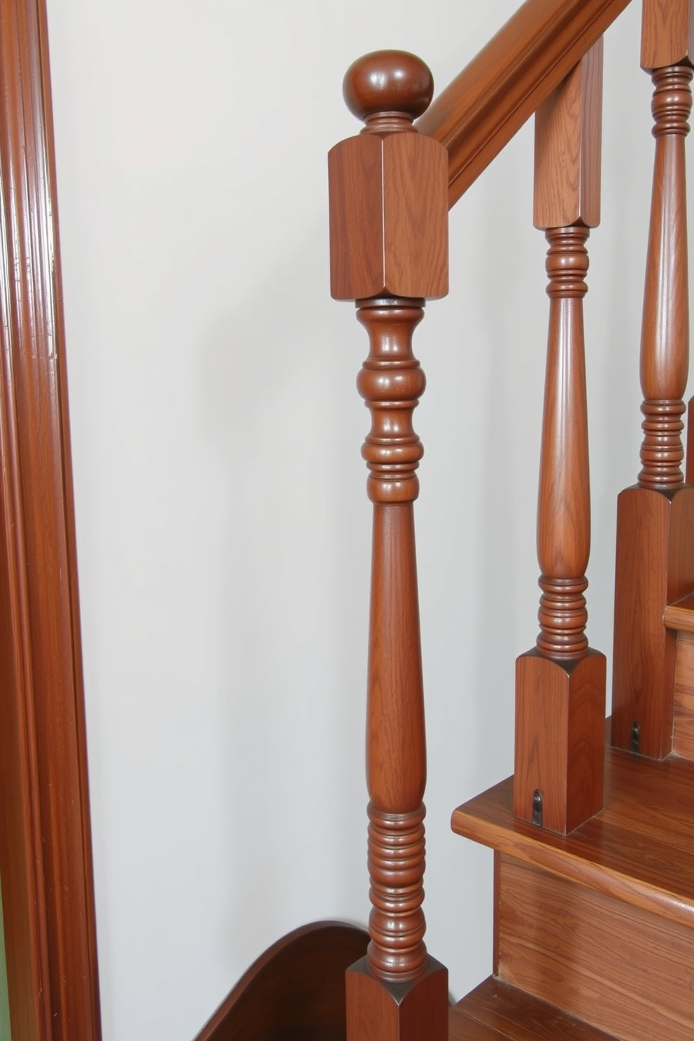 Classic wooden balusters with intricate carvings create an elegant focal point in a vintage staircase setting. The staircase features rich hardwood steps that complement the detailed craftsmanship of the balusters, enhancing the overall charm of the space.