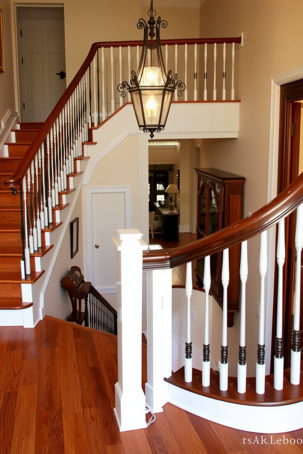 Charming farmhouse style with white railings features a wide wooden staircase adorned with rustic charm. The steps are finished in a warm oak tone, while the white railings provide a crisp contrast, enhancing the inviting atmosphere. Vintage staircase design ideas showcase intricate wrought iron balusters paired with rich mahogany handrails. The staircase is illuminated by a vintage chandelier, casting a warm glow over the elegant curves and details of the design.