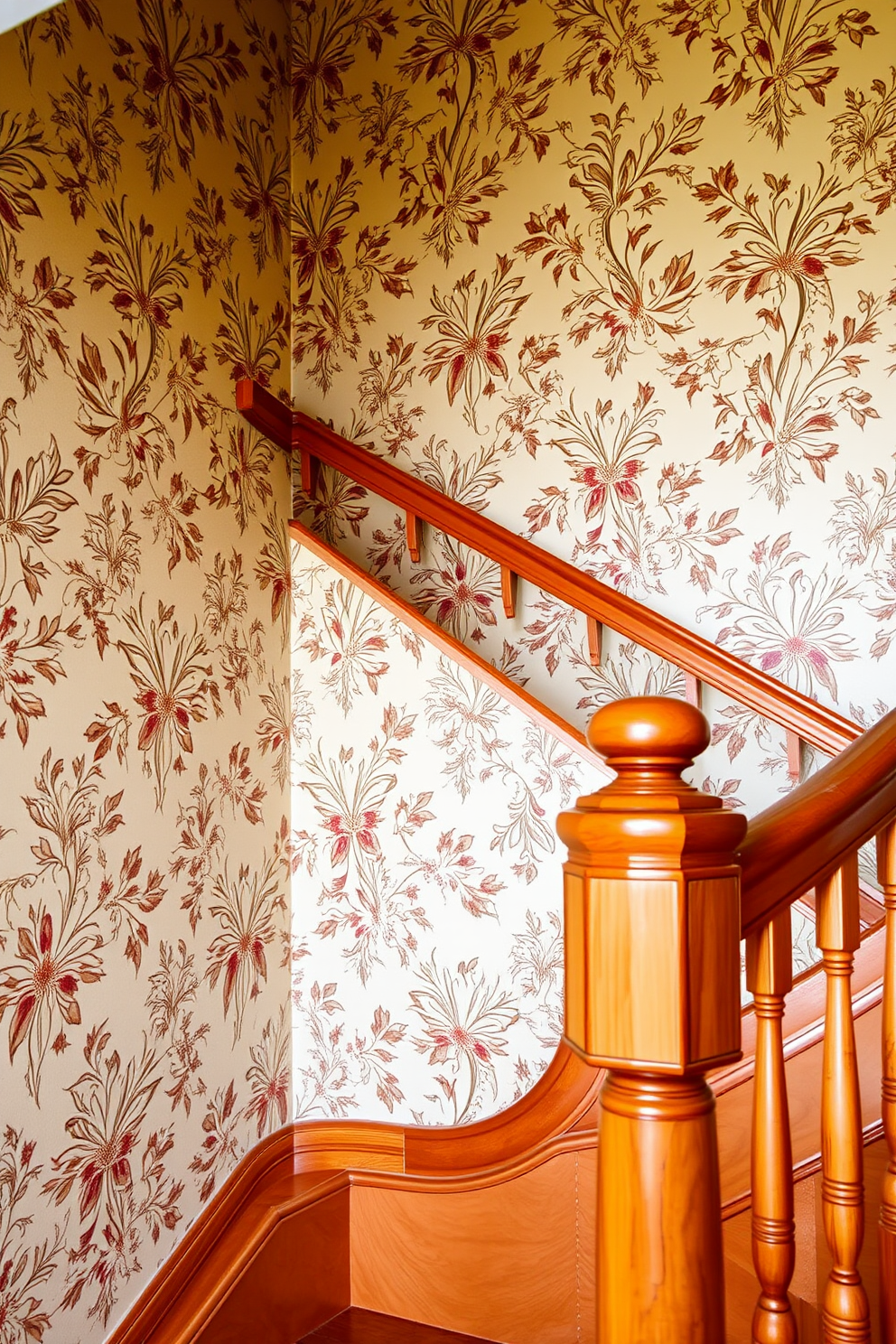 A staircase adorned with vintage wallpaper featuring intricate floral patterns. The wooden staircase has a polished finish, and the banister is elegantly curved, complementing the wallpaper's classic design.