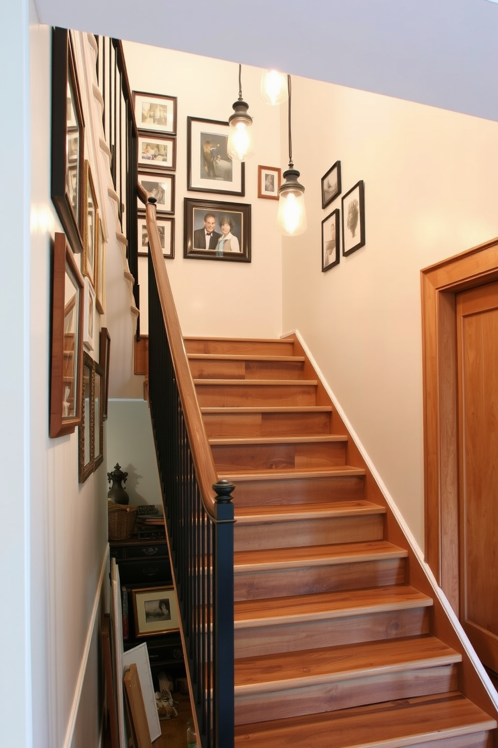 A vintage staircase design featuring repurposed barn wood for the treads creates a warm and inviting atmosphere. The handrails are crafted from wrought iron, adding an elegant contrast to the rustic wood. The staircase is illuminated by soft pendant lights hanging from the ceiling, enhancing the charm of the barn wood. Surrounding the staircase, a gallery wall showcases framed art and family photos, adding a personal touch to the space.