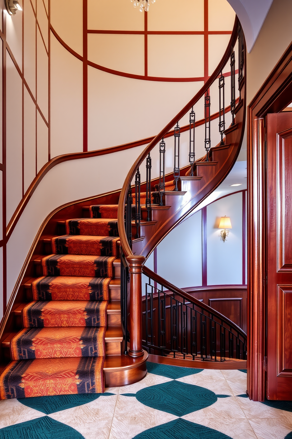 Art deco inspired staircase featuring bold colors and geometric patterns. The staircase is adorned with a sleek metal railing and plush carpet runner, creating a striking visual impact. Vintage staircase design ideas incorporate rich wood finishes and intricate detailing. Curved banisters and ornate newel posts enhance the charm and elegance of the space.