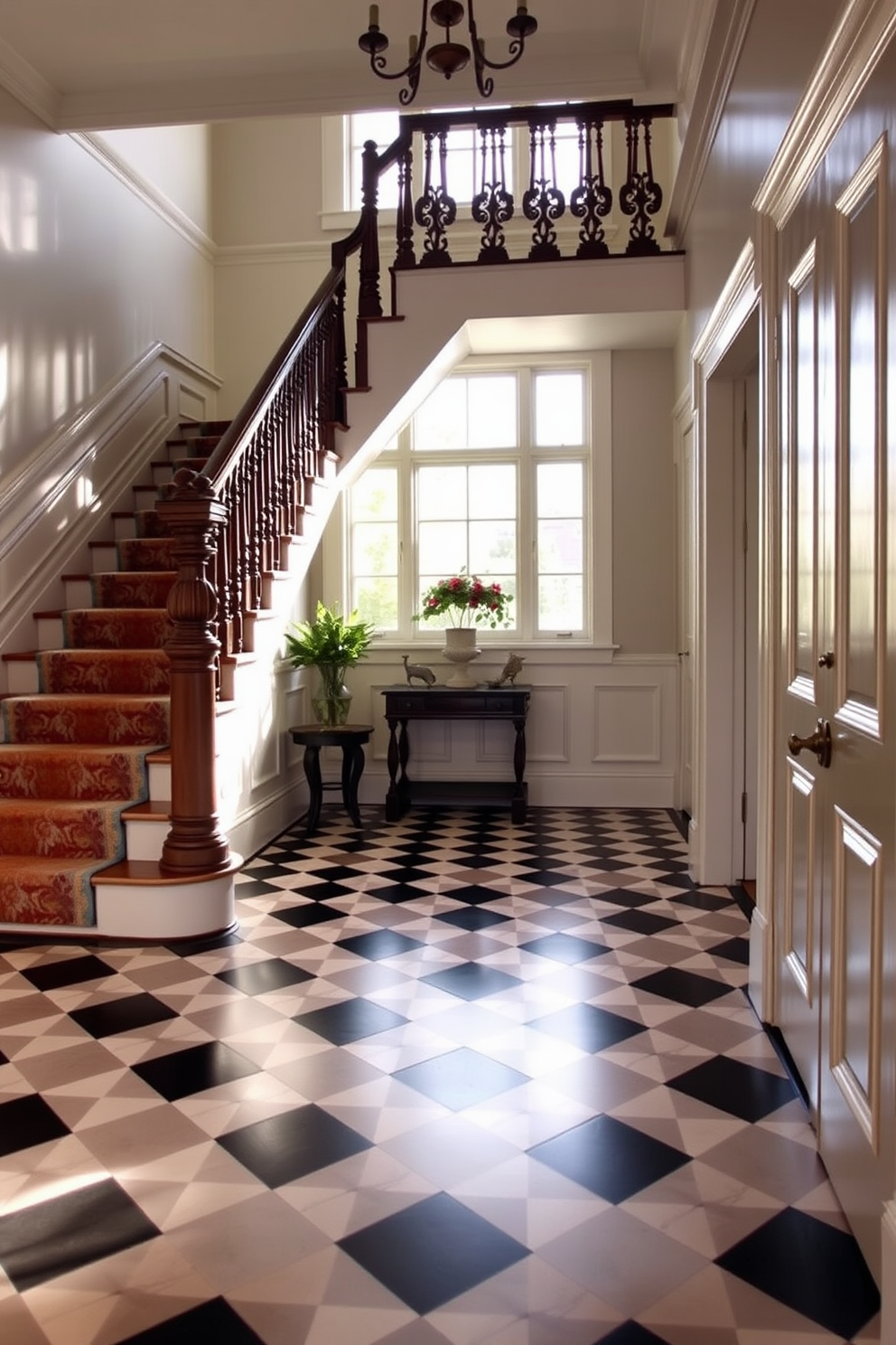 A stunning entryway featuring classic black and white checkerboard flooring that creates a timeless and elegant atmosphere. The flooring is complemented by a vintage staircase with ornate wooden railings and a beautifully crafted banister that adds charm to the space. The staircase is adorned with a plush runner that contrasts elegantly with the checkerboard pattern below. Natural light filters through a large window at the landing, highlighting the intricate details of the staircase and inviting warmth into the area.