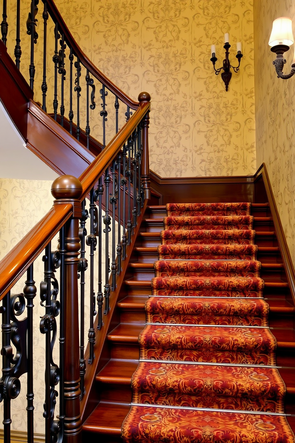 A vintage staircase featuring intricate wrought iron balusters and a polished wooden handrail. The steps are covered with a rich, patterned runner that complements the vintage metal stair rods with decorative ends. The walls beside the staircase are adorned with classic wallpaper, adding elegance to the design. Soft, ambient lighting from sconces highlights the vintage charm of the staircase, creating a warm and inviting atmosphere.