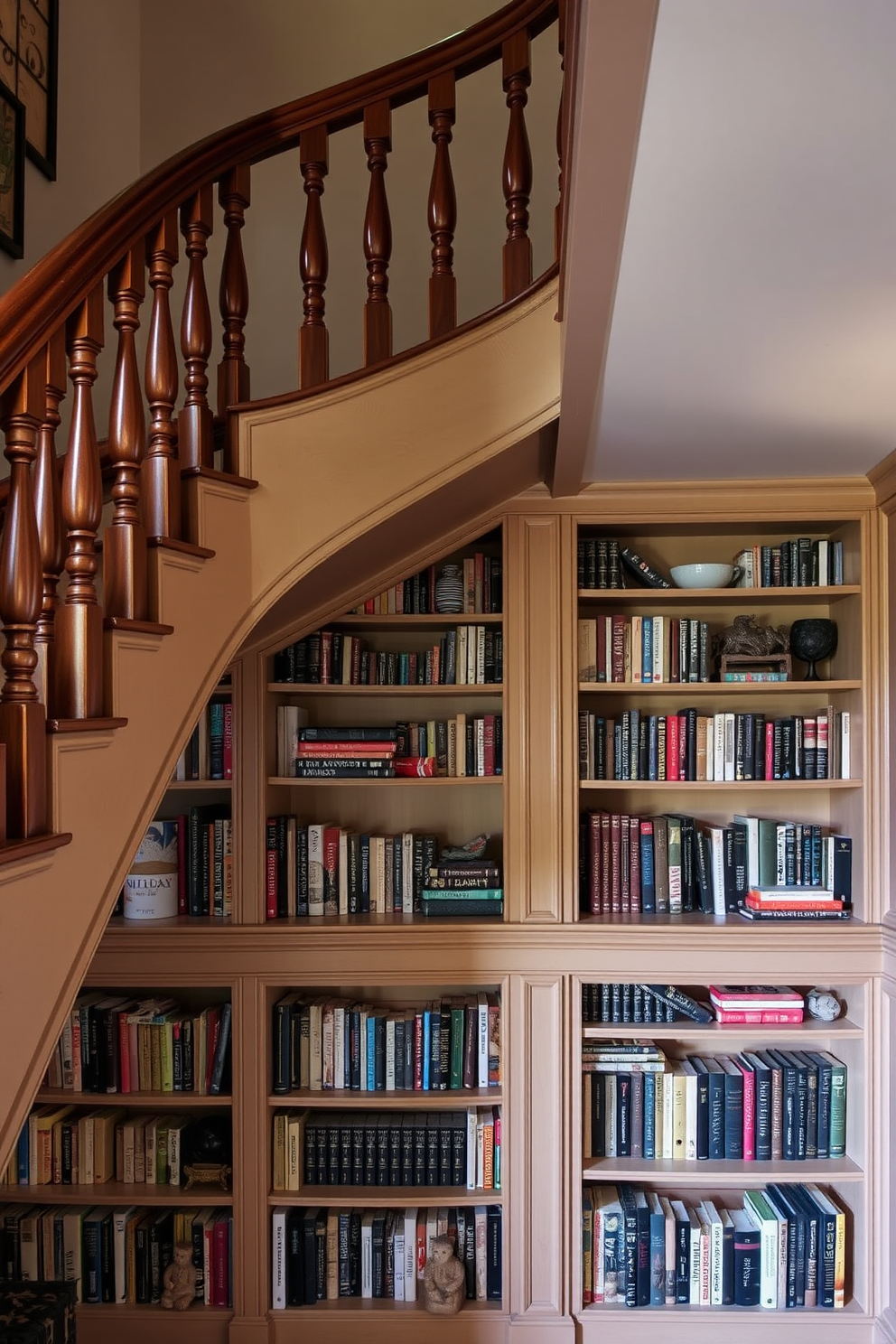 A vintage staircase design featuring intricate wooden railings and a curved banister. Underneath the staircase, built-in bookshelves are filled with an array of books and decorative items, creating a cozy reading nook.