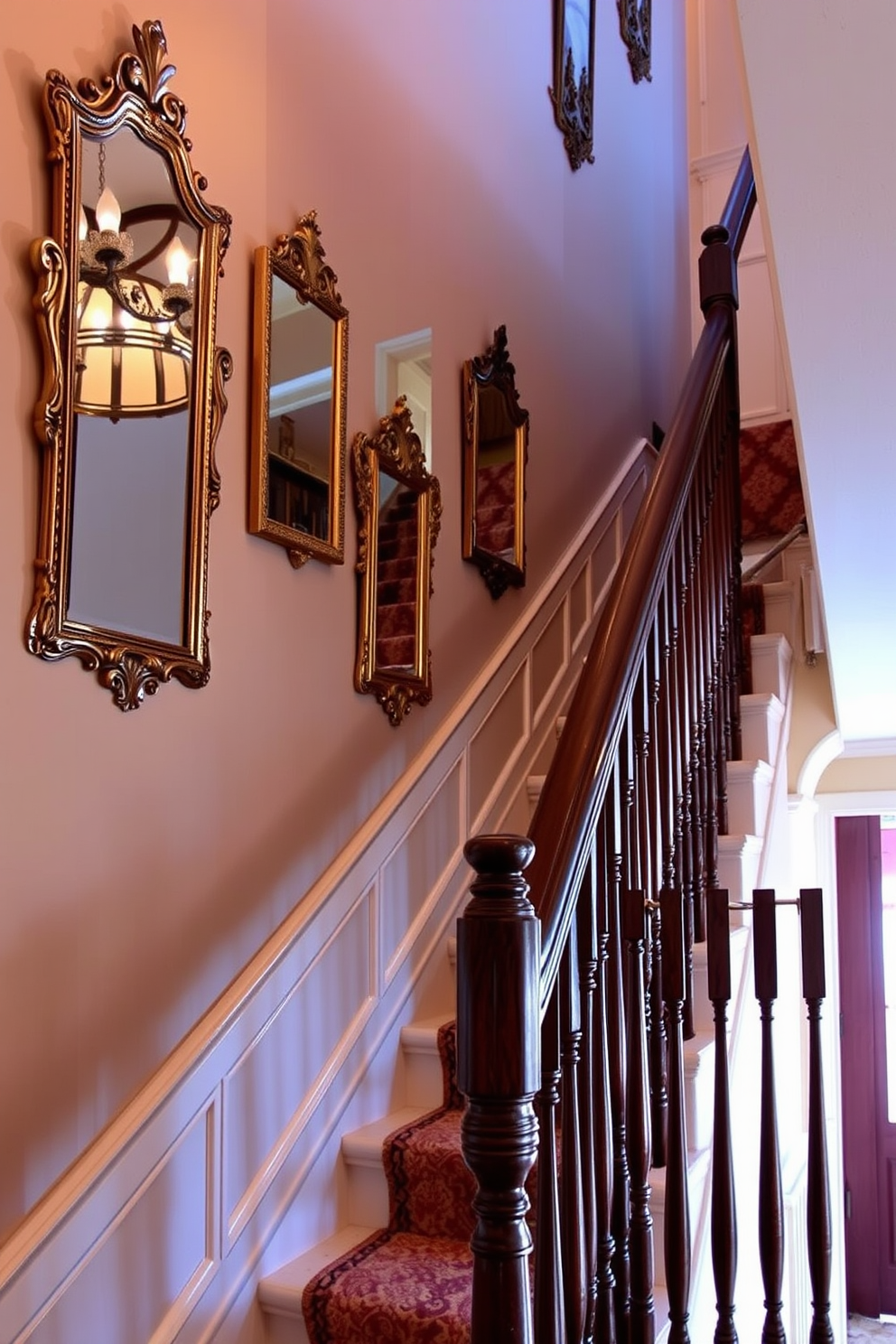 Antique mirrors line the staircase wall, reflecting the soft glow of the ambient lighting. The staircase features intricate wooden balusters and a plush runner that adds warmth to the vintage aesthetic.