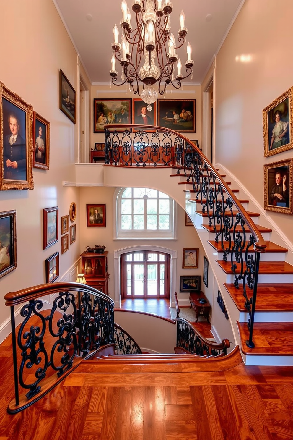 A stunning curved staircase gracefully sweeps upwards, featuring an elegant wrought iron railing that adds a touch of sophistication. The staircase is adorned with rich wooden treads and a plush runner that complements the surrounding decor. The walls flanking the staircase are painted in a soft cream hue, enhancing the natural light that floods the space. Vintage-inspired light fixtures hang above, casting a warm glow and highlighting the intricate details of the staircase design.