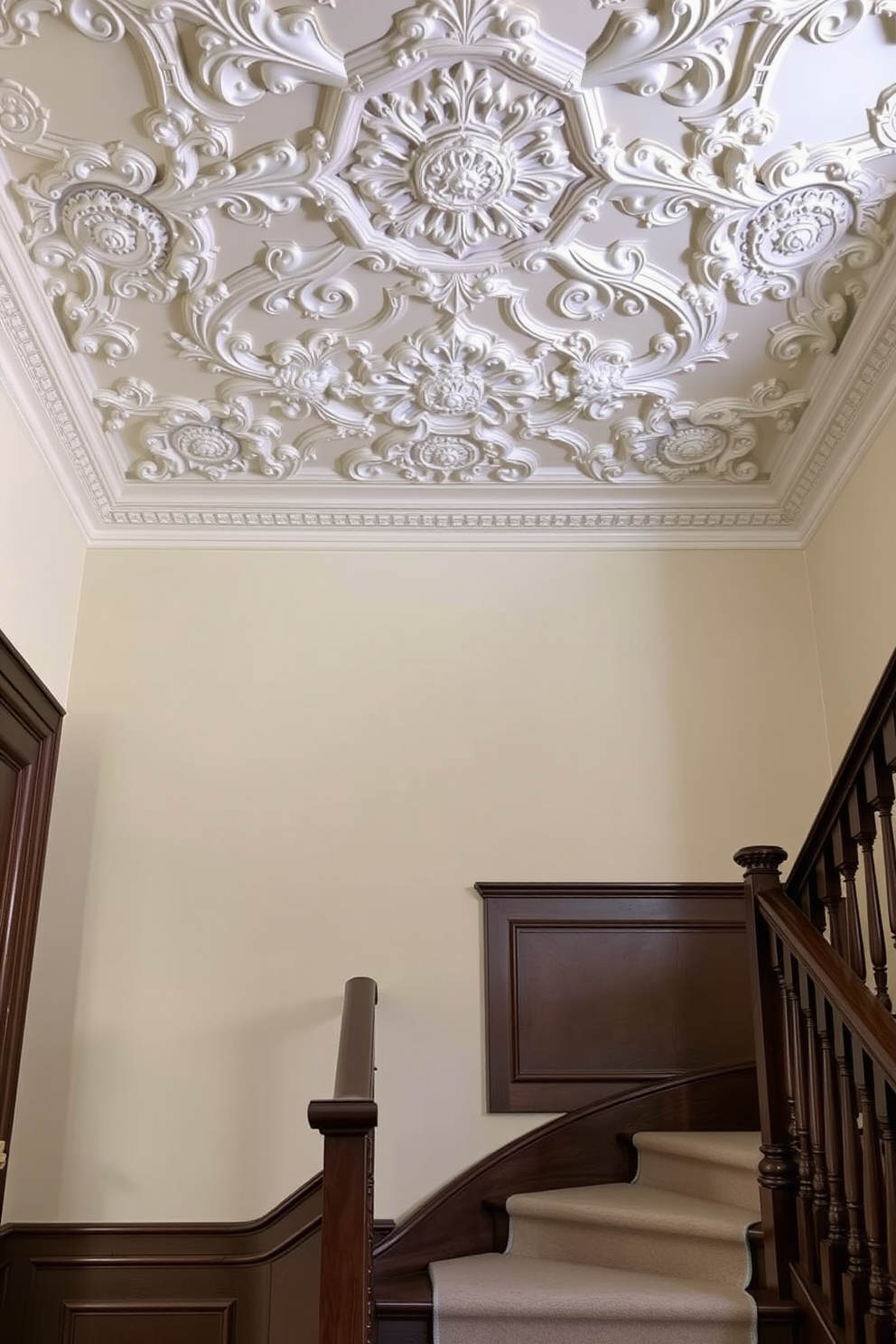 A detailed plaster ceiling adorns the staircase, showcasing intricate designs that add elegance and depth to the space. The vintage staircase features rich wooden banisters and treads, complemented by a soft runner that enhances the classic charm.