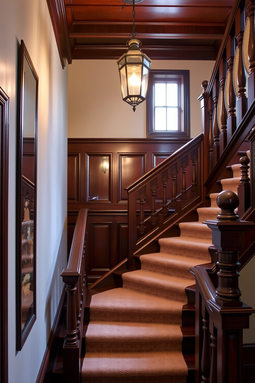 Classic wood paneling along staircase walls creates an elegant and timeless atmosphere. The rich tones of the wood add warmth and sophistication to the vintage staircase design. Intricate balusters and a polished handrail enhance the overall aesthetic of the staircase. Soft lighting highlights the beauty of the wood paneling, making it a focal point of the home.