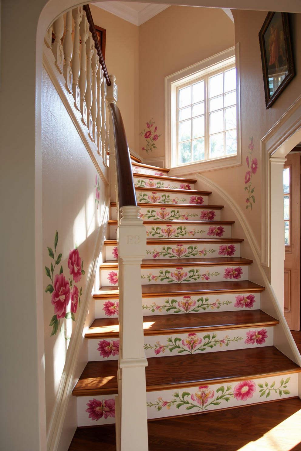 A stunning staircase adorned with painted floral motifs creates a vibrant focal point in the entryway. The intricate designs feature a blend of soft pastels and bold colors, enhancing the charm of the vintage wooden steps. The balustrade showcases ornate carvings that complement the floral patterns, adding elegance to the overall design. Natural light pours in through a nearby window, illuminating the staircase and highlighting the beauty of the artwork.