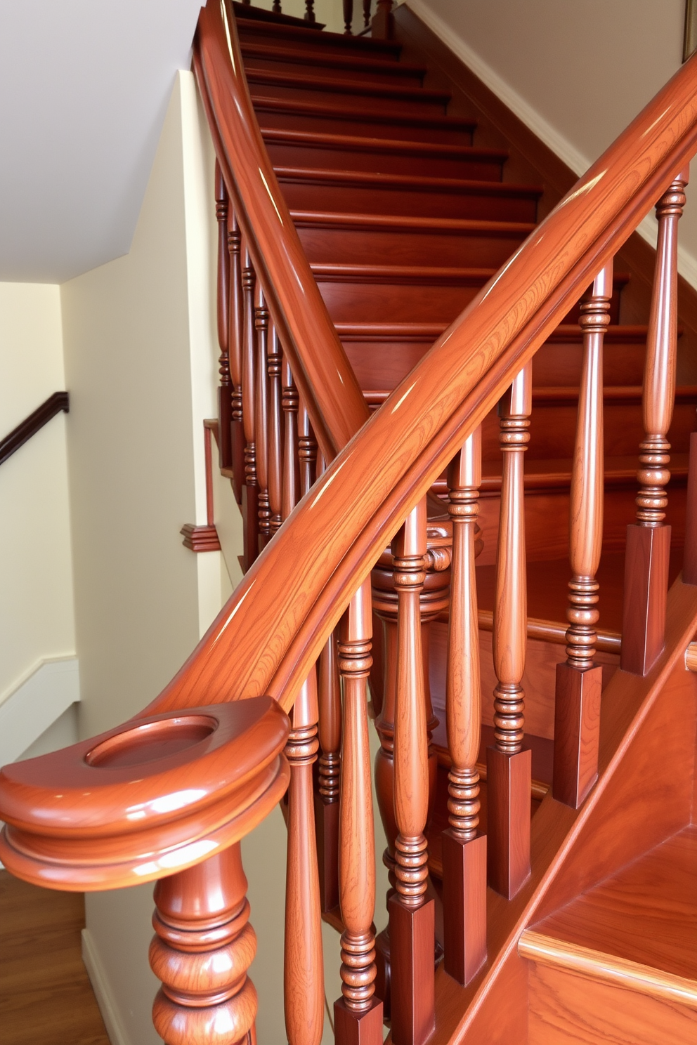 Curved wooden handrails with a glossy finish gracefully follow the contours of a vintage staircase. The staircase features ornate balusters and a richly stained wooden tread, creating an elegant and timeless appeal.