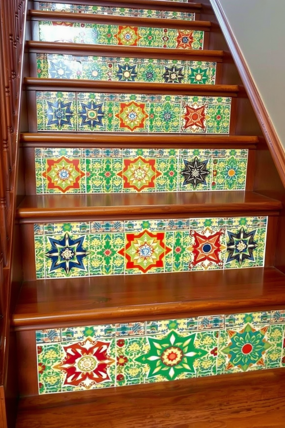 A vintage staircase showcases retro mosaic tiles on the risers, each tile featuring intricate patterns and vibrant colors. The wooden staircase has a rich finish that complements the playful design of the tiles, creating a warm and inviting atmosphere.