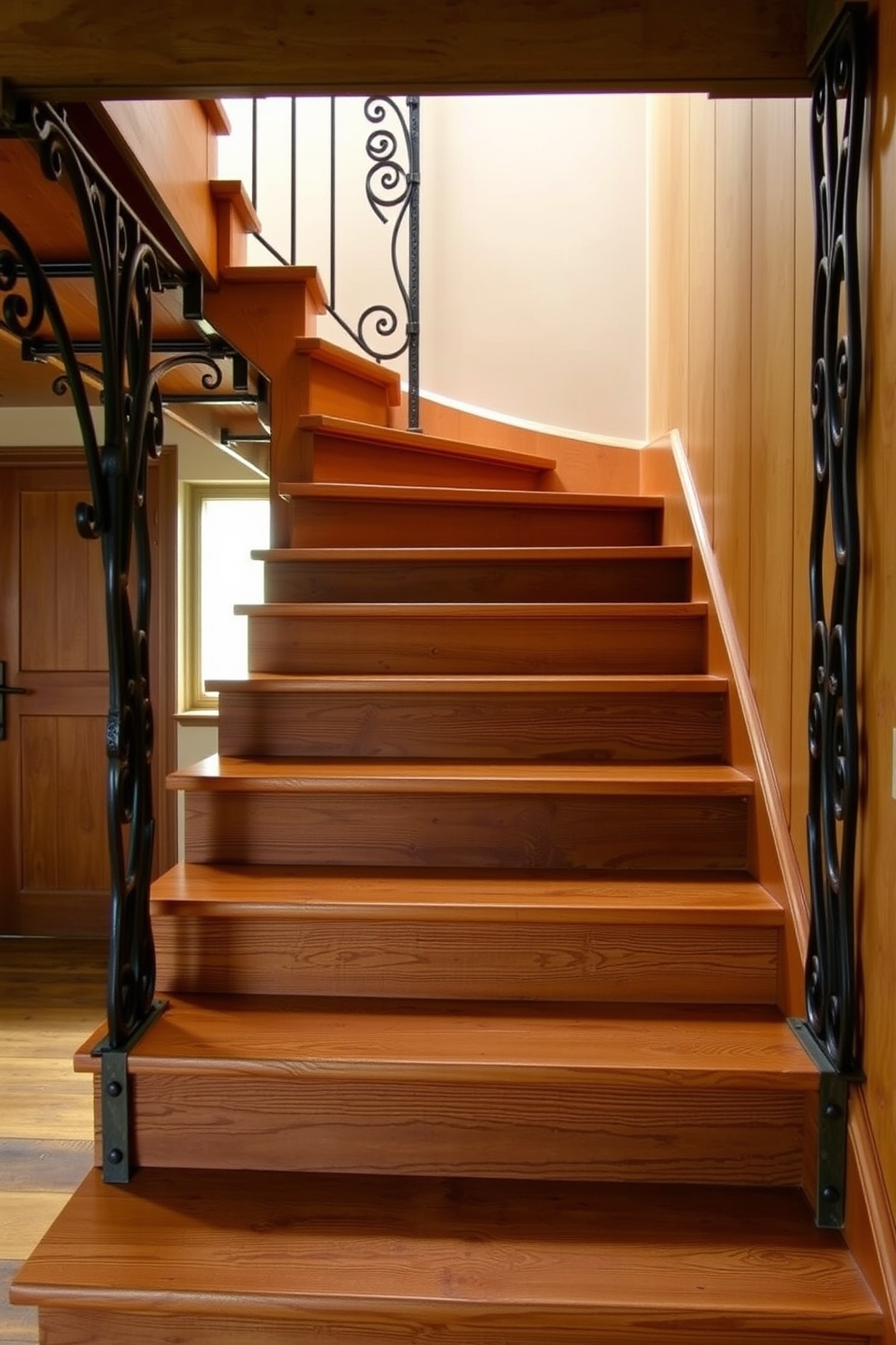 A vintage staircase design featuring rustic iron brackets that support wide wooden steps. The staircase showcases a warm wood finish, with intricate detailing on the iron brackets adding character and charm.