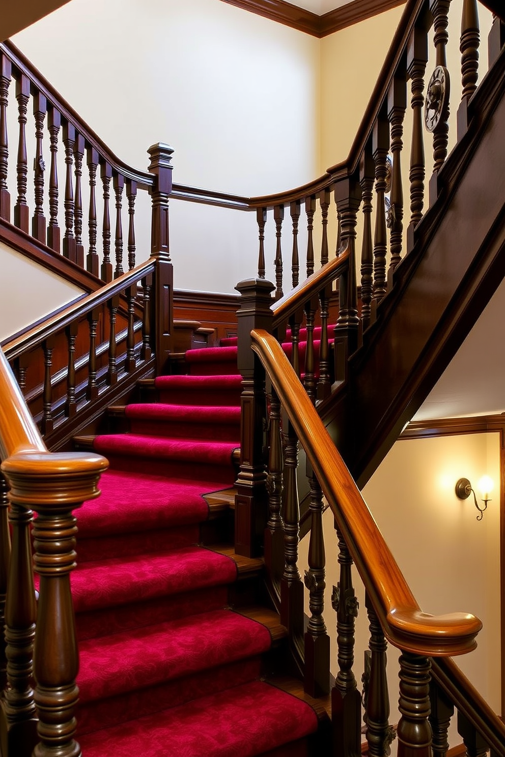 A warm and inviting staircase area features rustic wooden beams that stretch across the ceiling, adding character and charm to the space. The staircase itself showcases vintage design elements, with intricately carved wooden balusters and a weathered wooden handrail that enhance the overall aesthetic.