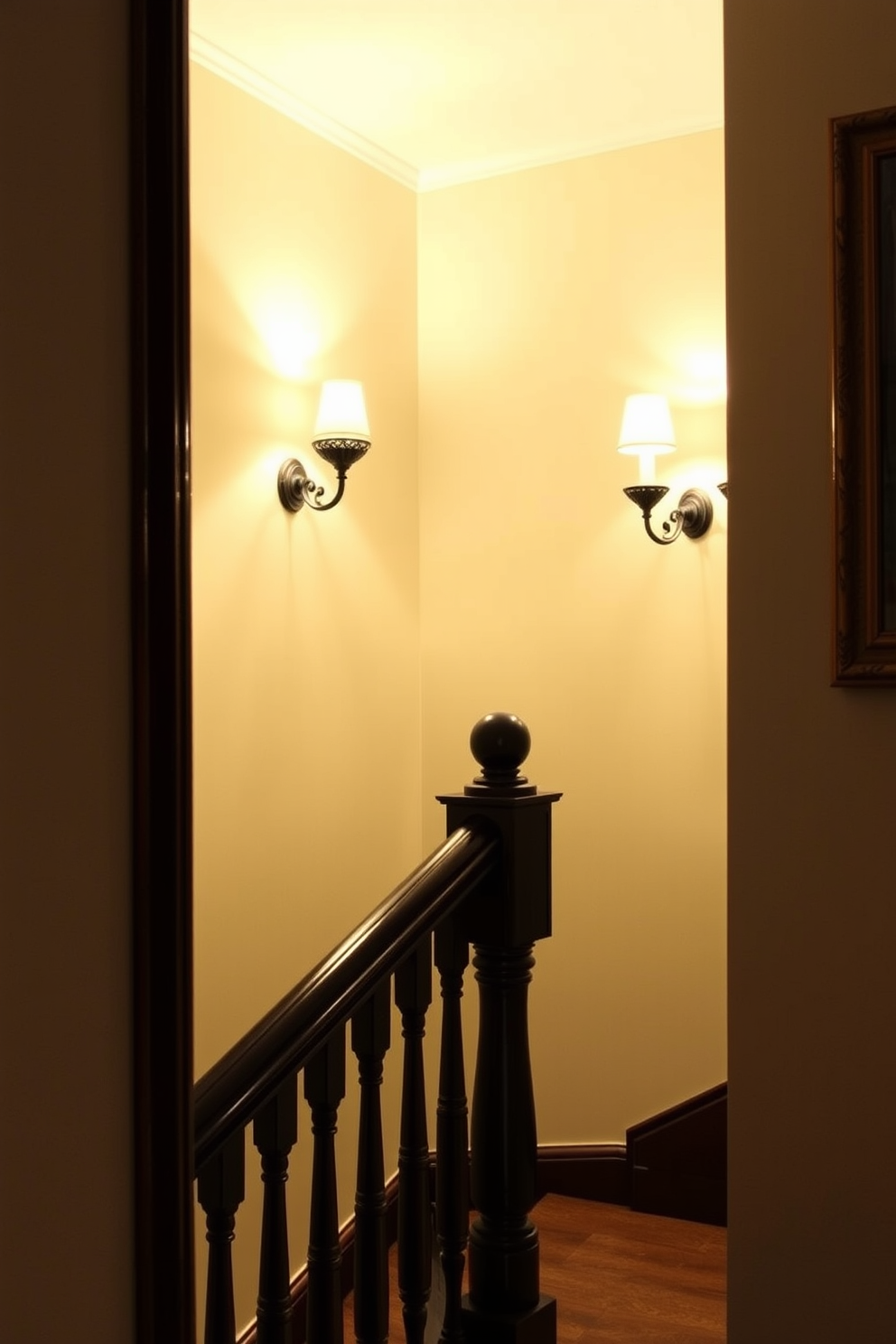 A softly lit stairwell features elegant wall sconces that cast a warm glow on the surrounding walls. The vintage staircase showcases intricate wooden balusters and a rich mahogany handrail that exudes timeless charm.