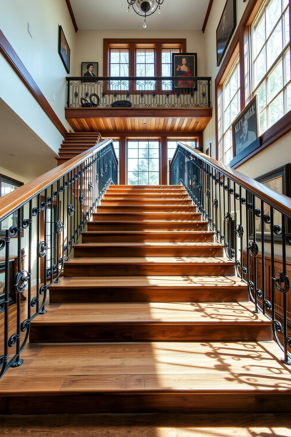 A stunning staircase featuring reclaimed wood accents that highlight its rustic charm. The steps are wide and inviting, surrounded by wrought iron railings that add an elegant touch. Natural light floods the space through large windows, casting beautiful shadows on the wooden surface. The walls are adorned with vintage artwork, enhancing the staircase's classic appeal.