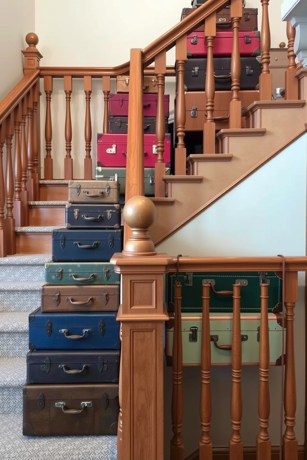 A charming vintage suitcase display is arranged on the staircase landings. The colorful suitcases are stacked artfully, creating a nostalgic focal point that invites curiosity. The staircase features elegant wooden railings with intricate detailing. Soft lighting highlights the vintage aesthetic, enhancing the warm and inviting atmosphere of the space.