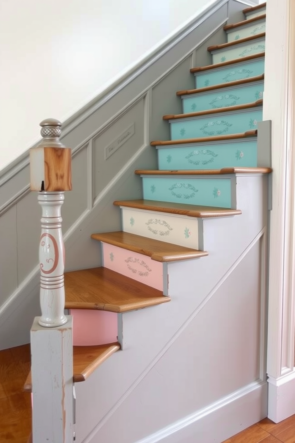 A vintage staircase with painted risers in soft pastel colors creates a charming focal point in the home. The risers feature delicate floral patterns that enhance the overall aesthetic of the staircase.