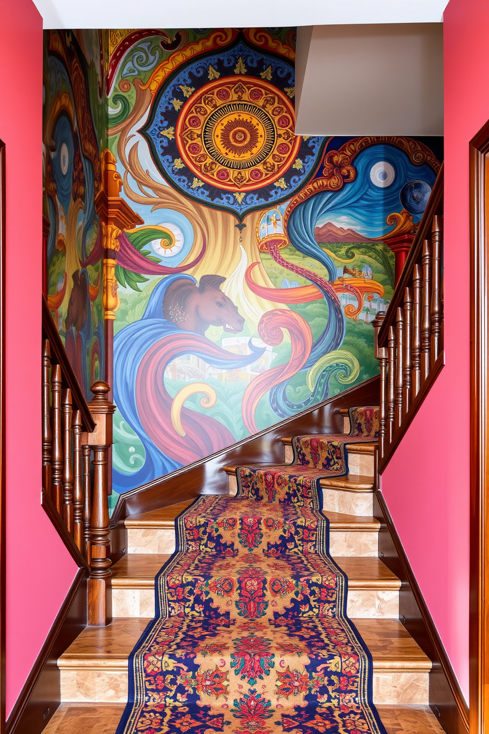 Artistic mural painted on staircase wall. The mural features vibrant colors and intricate designs that create a stunning focal point as you ascend the stairs. Vintage staircase design ideas. The staircase showcases ornate wooden banisters and a classic runner rug that adds warmth and character to the space.