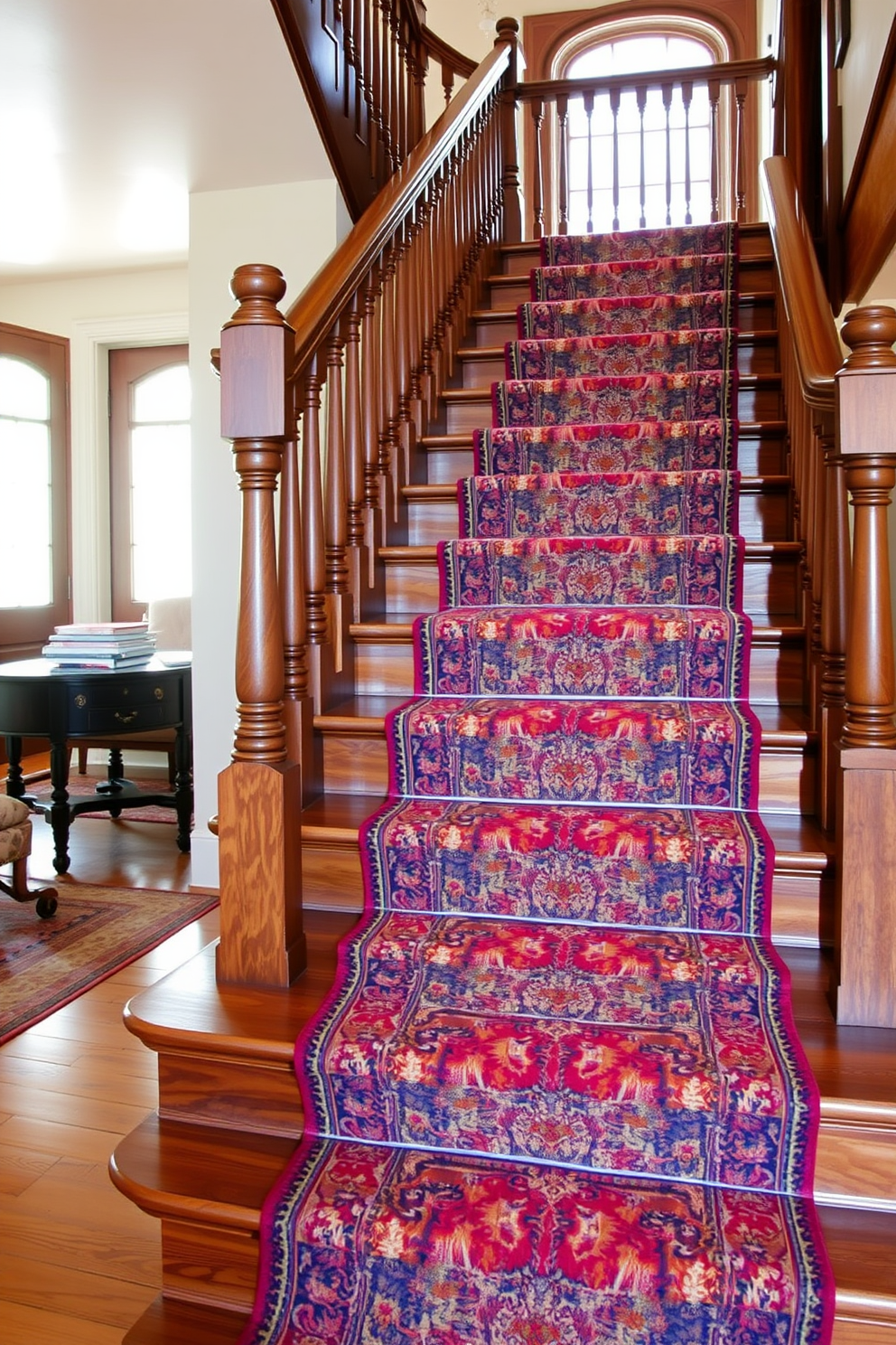 A vintage runner carpet gracefully adorns the wooden steps of a grand staircase, adding warmth and character to the space. The rich colors and intricate patterns of the carpet contrast beautifully with the polished wood, creating an inviting atmosphere. The staircase features elegant balustrades and a classic design that showcases the craftsmanship of the home. Soft lighting highlights the vintage runner, enhancing its textures and drawing attention to the architectural details of the staircase.