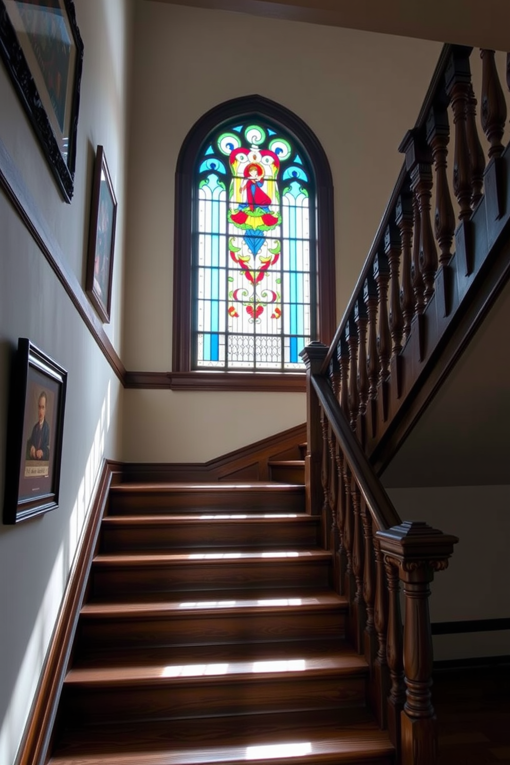 Antique newel post with intricate carvings stands proudly at the base of a sweeping staircase. The staircase features elegant balustrades and a rich wooden finish, creating a timeless focal point in the entryway. Vintage staircase design showcases ornate details and a graceful curve, inviting guests to ascend. Soft lighting highlights the craftsmanship, while a plush runner adds warmth and texture to the steps.