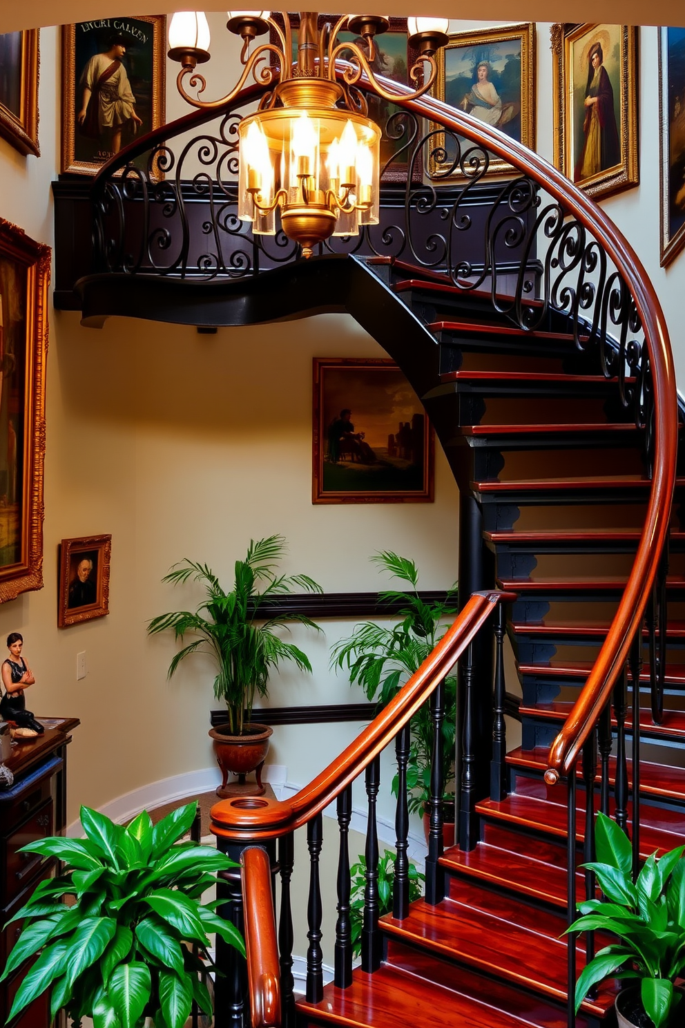 A stunning wrought iron spiral staircase gracefully ascends, featuring intricate scrolling patterns and a sleek wooden handrail that contrasts beautifully with the dark metal. The staircase is illuminated by a vintage chandelier above, casting a warm glow on the surrounding walls adorned with classic artwork. A vintage staircase design showcases rich mahogany steps with ornate balusters and a polished banister, evoking a sense of timeless elegance. The staircase is framed by lush greenery in large pots, adding a touch of nature to the sophisticated interior space.