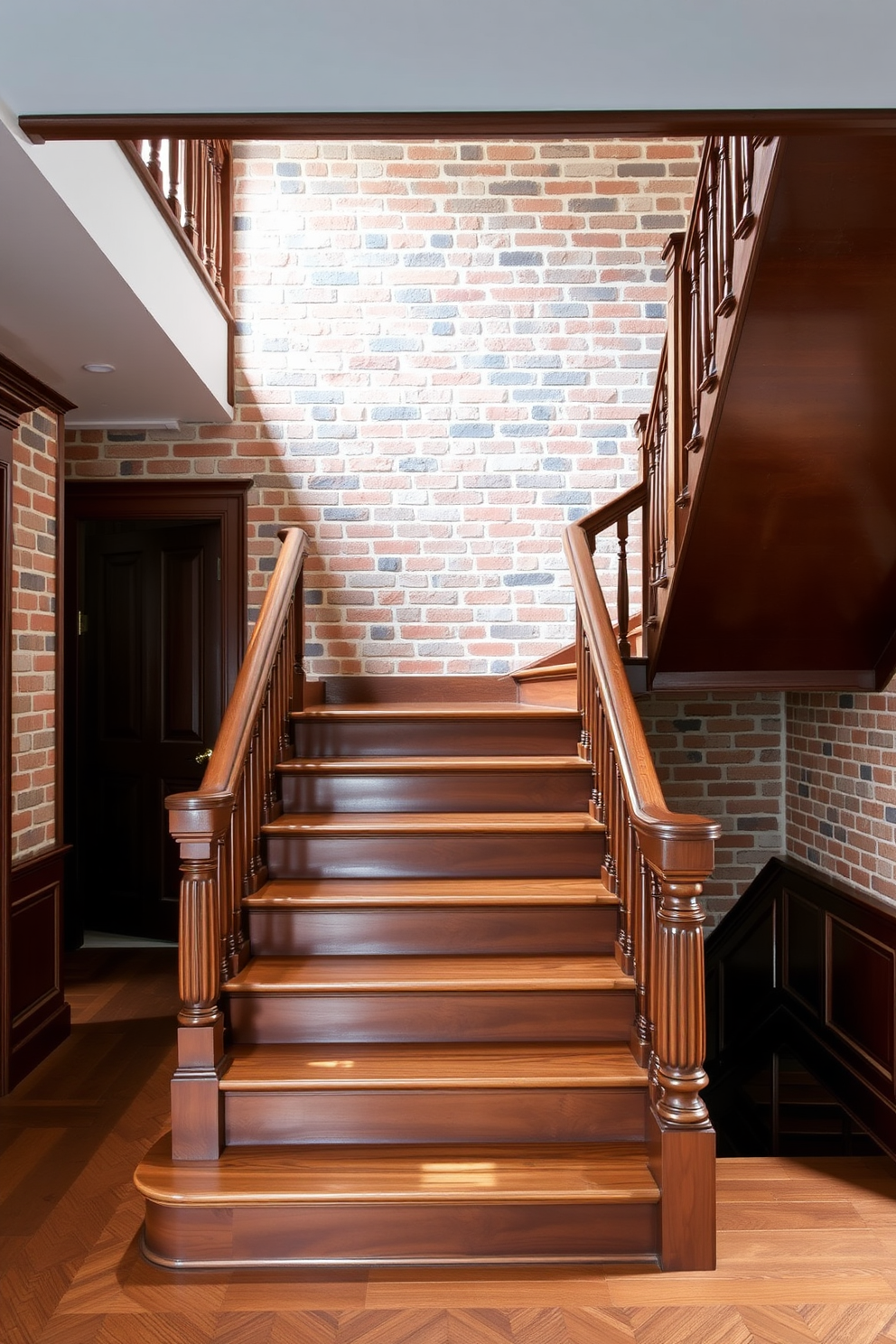 A stunning staircase design featuring an exposed brick wall that adds warmth and character to the space. The vintage staircase showcases intricate woodwork with elegant banisters and a rich finish that enhances its classic appeal.