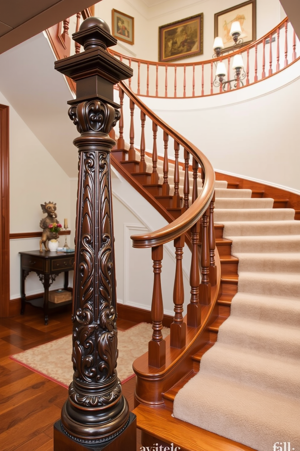 Antique newel post with intricate carvings and a rich mahogany finish stands proudly at the base of a sweeping staircase. The staircase features elegant balusters and a softly curved handrail, complemented by a plush runner that adds warmth and texture to the vintage design. Vintage staircase design ideas include ornate detailing on the risers and a combination of rich wood tones that evoke a sense of timeless charm. Decorative elements such as wall sconces and framed artwork enhance the overall aesthetic, creating a welcoming atmosphere.