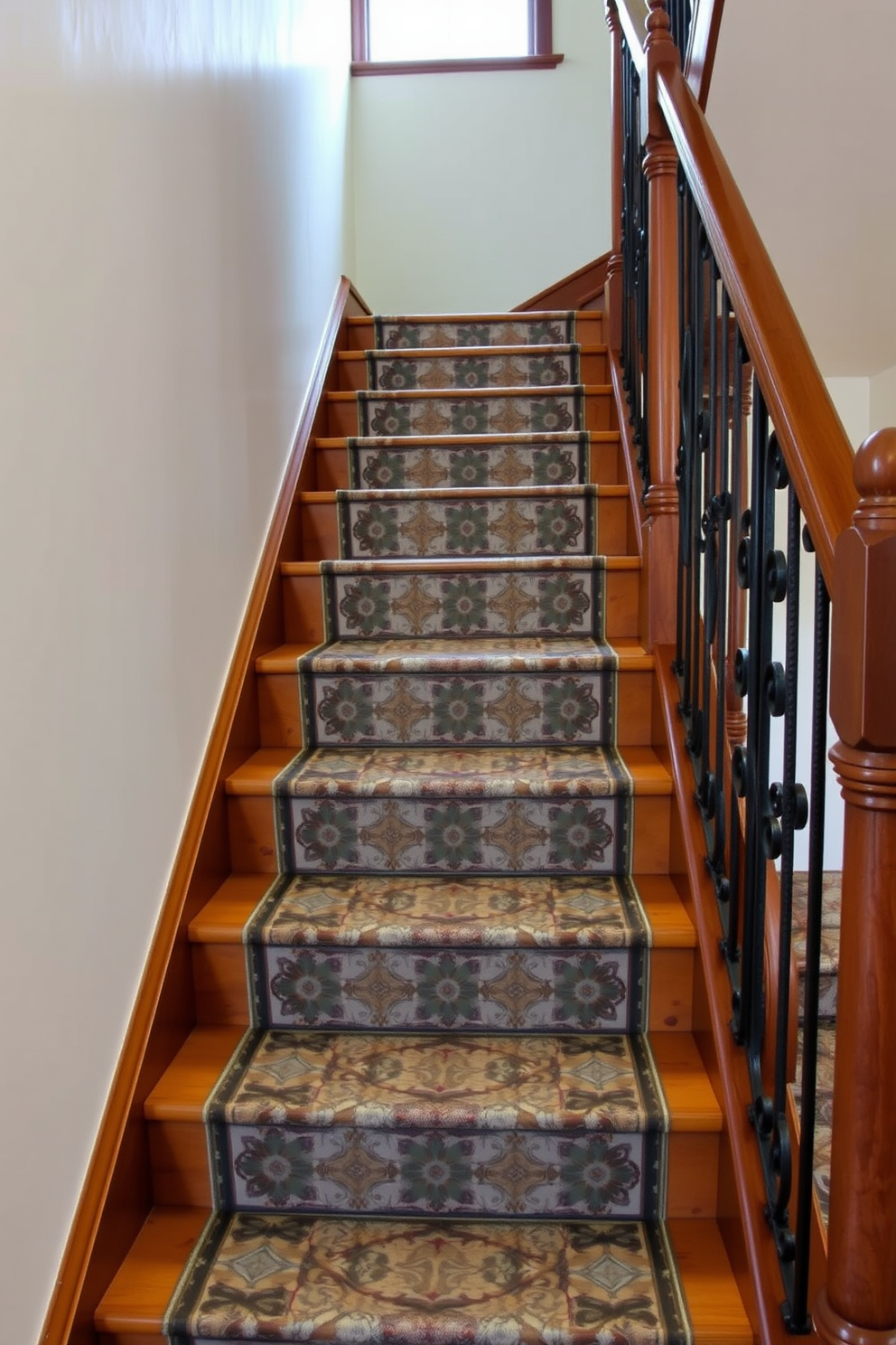 A vintage staircase adorned with geometric patterned stair treads creates a stunning focal point in the space. The treads feature intricate designs in muted colors that complement the warm wooden staircase structure. The balustrade is crafted from wrought iron, adding an elegant touch to the overall design. Soft ambient lighting highlights the geometric patterns, enhancing their visual appeal as you ascend the stairs.