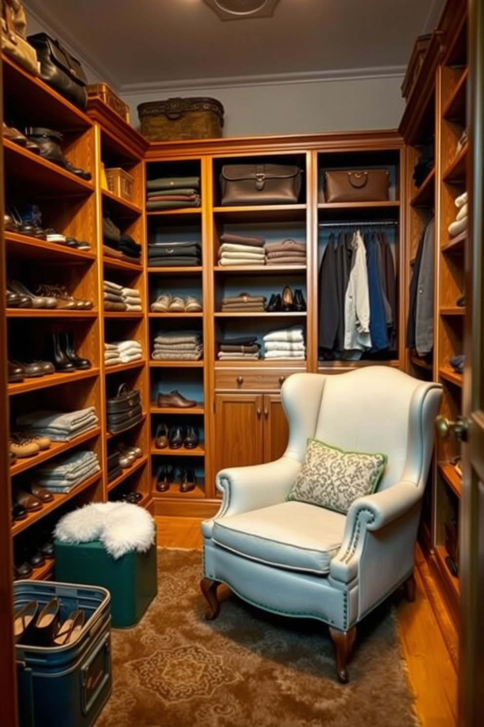 A cozy vintage walk-in closet featuring wooden shelving units for storage. The shelves are filled with neatly arranged shoes, bags, and folded clothes, creating an inviting and organized space. Soft lighting illuminates the room, highlighting the rich textures of the wooden shelves. A plush area rug adds warmth underfoot, while a vintage armchair provides a comfortable spot to sit and try on shoes.