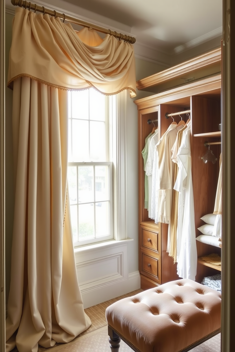 Elegant drapery for softening edges. Luxurious fabric cascades from a beautifully crafted rod, creating a gentle frame around the window while allowing soft light to filter through. Vintage walk-in-closet design ideas. Antique wooden shelving and hanging rods are complemented by a plush velvet ottoman, creating a stylish yet functional space for organizing and displaying fashion treasures.