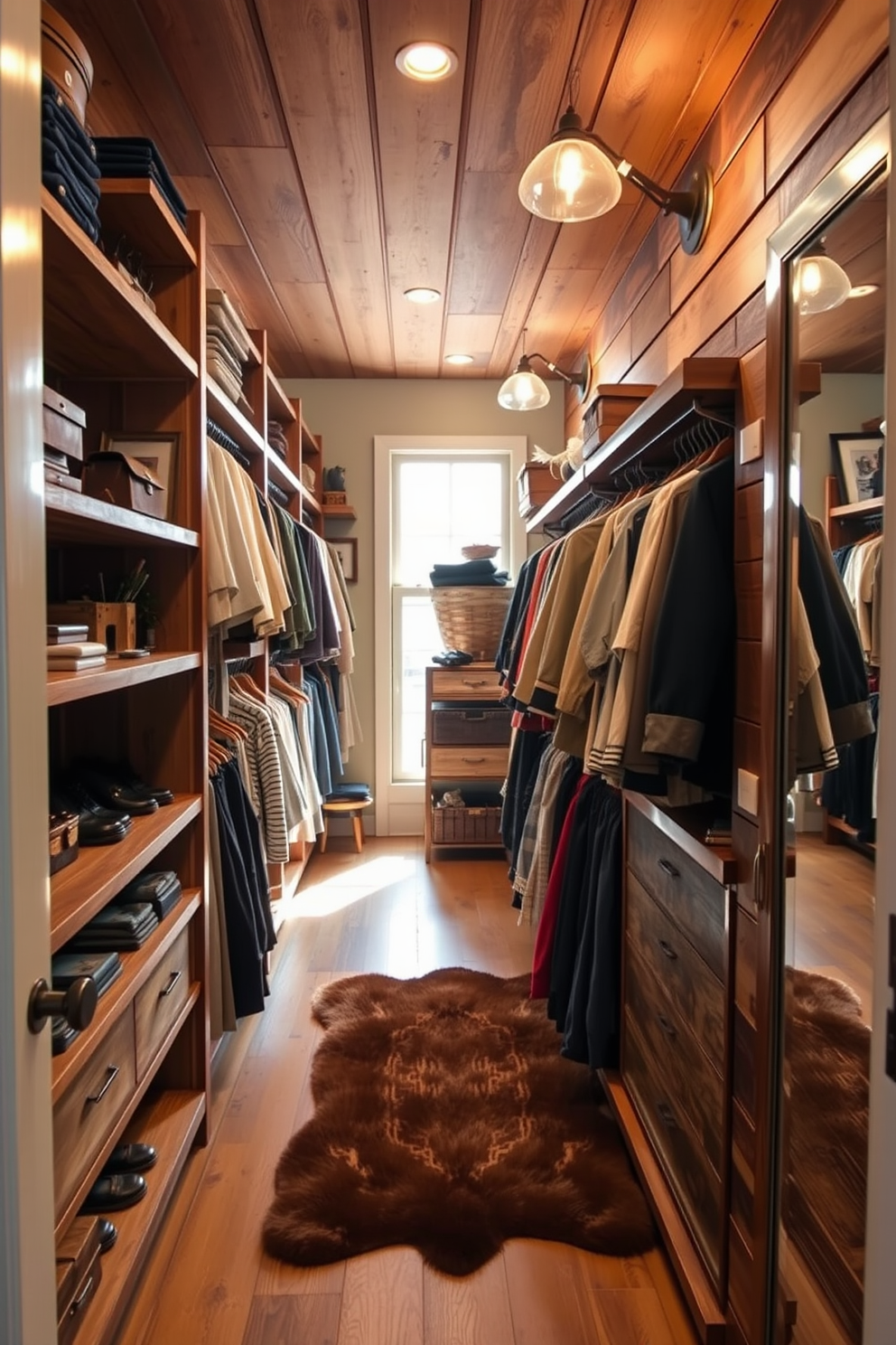 A vintage walk-in closet featuring reclaimed wood shelving and accents creates a warm and inviting atmosphere. The space is designed with ample natural light, showcasing an array of carefully curated clothing and accessories displayed on rustic wooden shelves. Soft lighting fixtures are strategically placed to enhance the vintage charm, while a plush area rug adds comfort underfoot. The walls are adorned with mirrors that reflect the beauty of the reclaimed wood, creating a seamless blend of style and functionality.