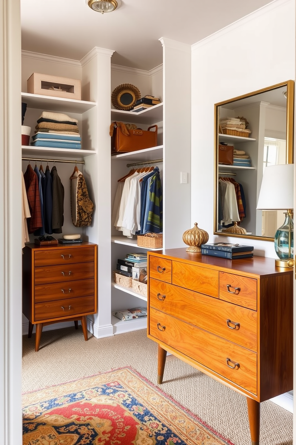 A vintage walk-in closet featuring mid-century modern furniture pieces that add flair and character. The space includes a sleek wooden dresser with tapered legs and a full-length mirror framed in brass, creating a stylish yet functional area.